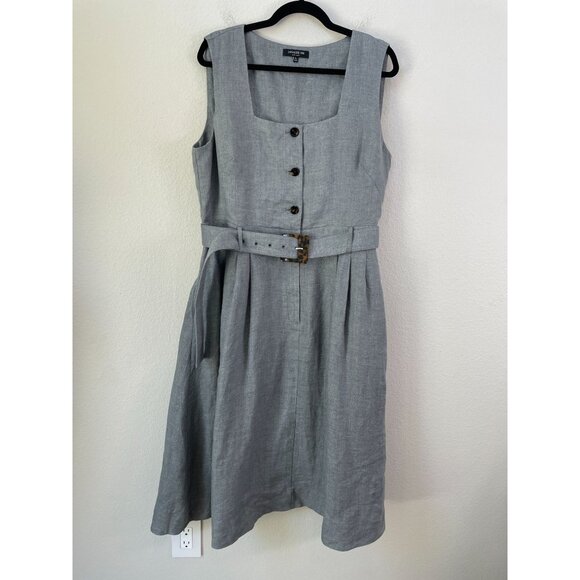 Lafayette 148 New York Womens XL Gray 100% Linen Sleeveless Belted Midi Dress - Picture 1 of 14